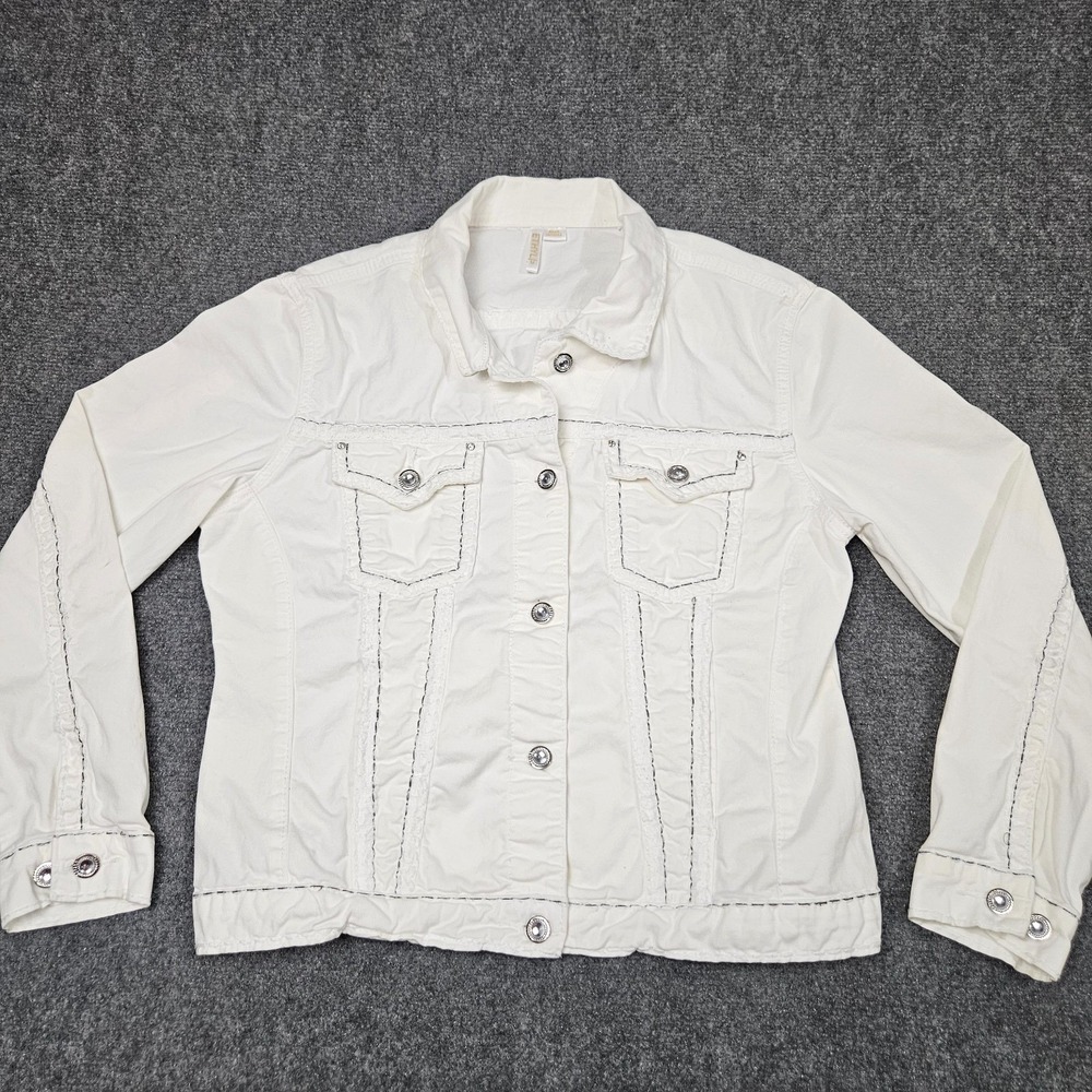 Ethyl Denim Jacket Womens Medium White Contrast Stitch Button Front Trucker Coat